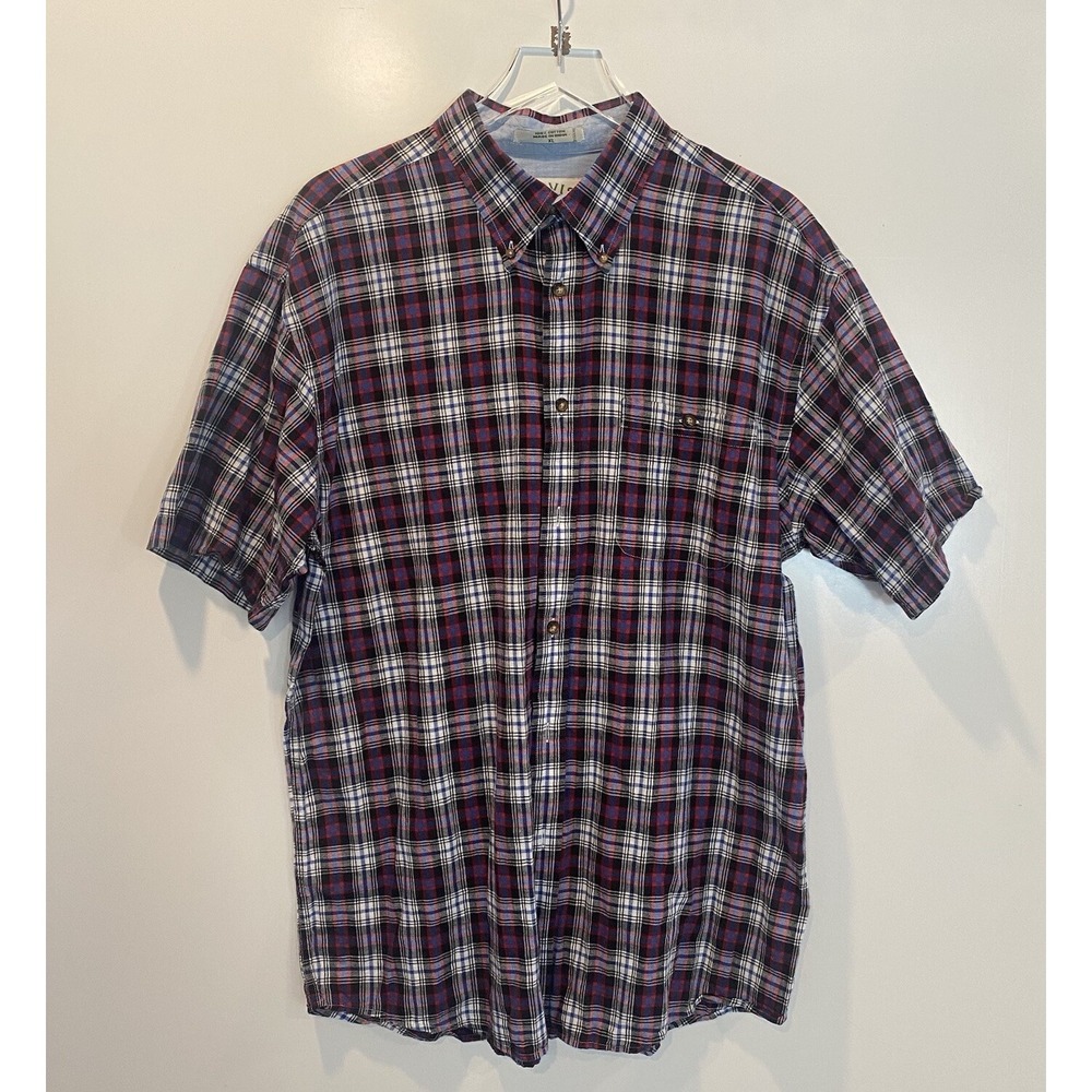 Orvis Mens XL Plaid Short Sleeve Button Down Shirt Cotton Blue Red Purple 0105
